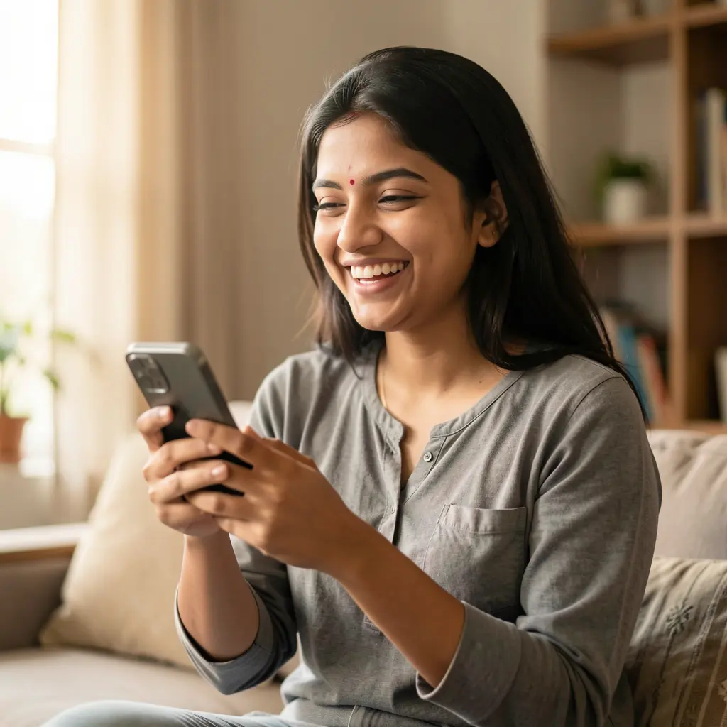 Young Bangladeshi woman holding her phone with the FG8 app open looking happy and confident in a modern indoor setting