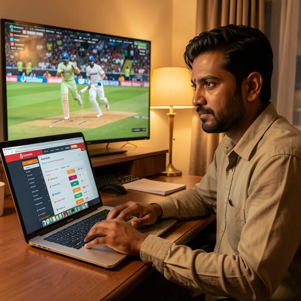 Focused Bangladeshi sports bettor using a laptop with the FG8 betting website open while monitoring live cricket action at home