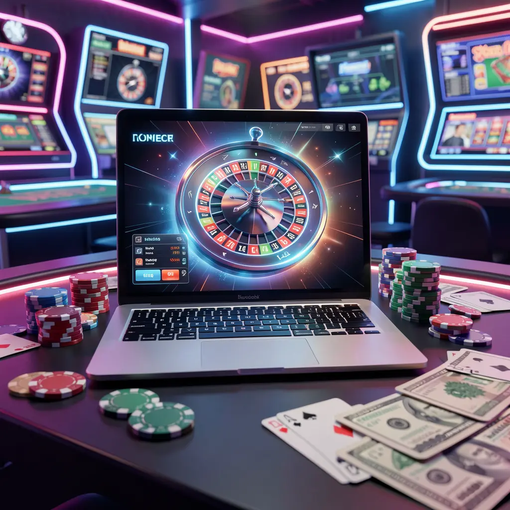 Stylish FG8 online casino setup with a laptop displaying live roulette, scattered poker chips and cash creating an immersive digital casino mood for players in Bangladesh