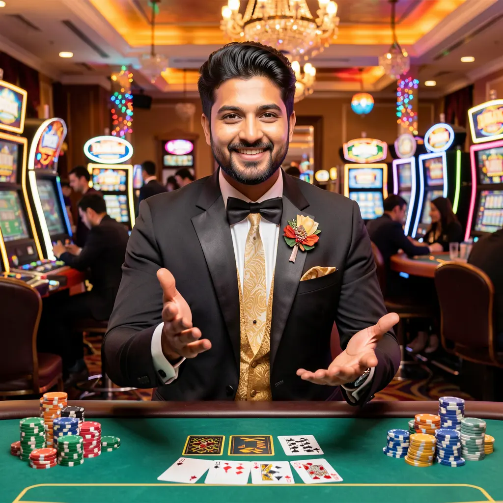 Confident Bangladeshi casino host welcoming players to the FG8 login experience in a lively gaming environment